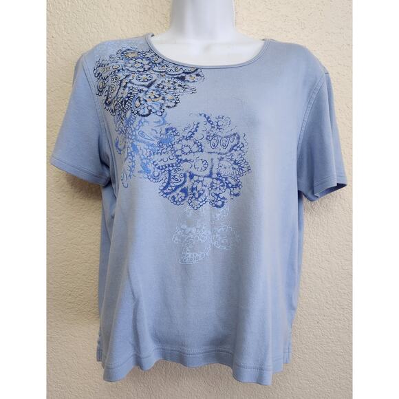 Classic Elements Blue Floral Round Neck Top Large Short Sleeves Lightweight Soft - Picture 1 of 4